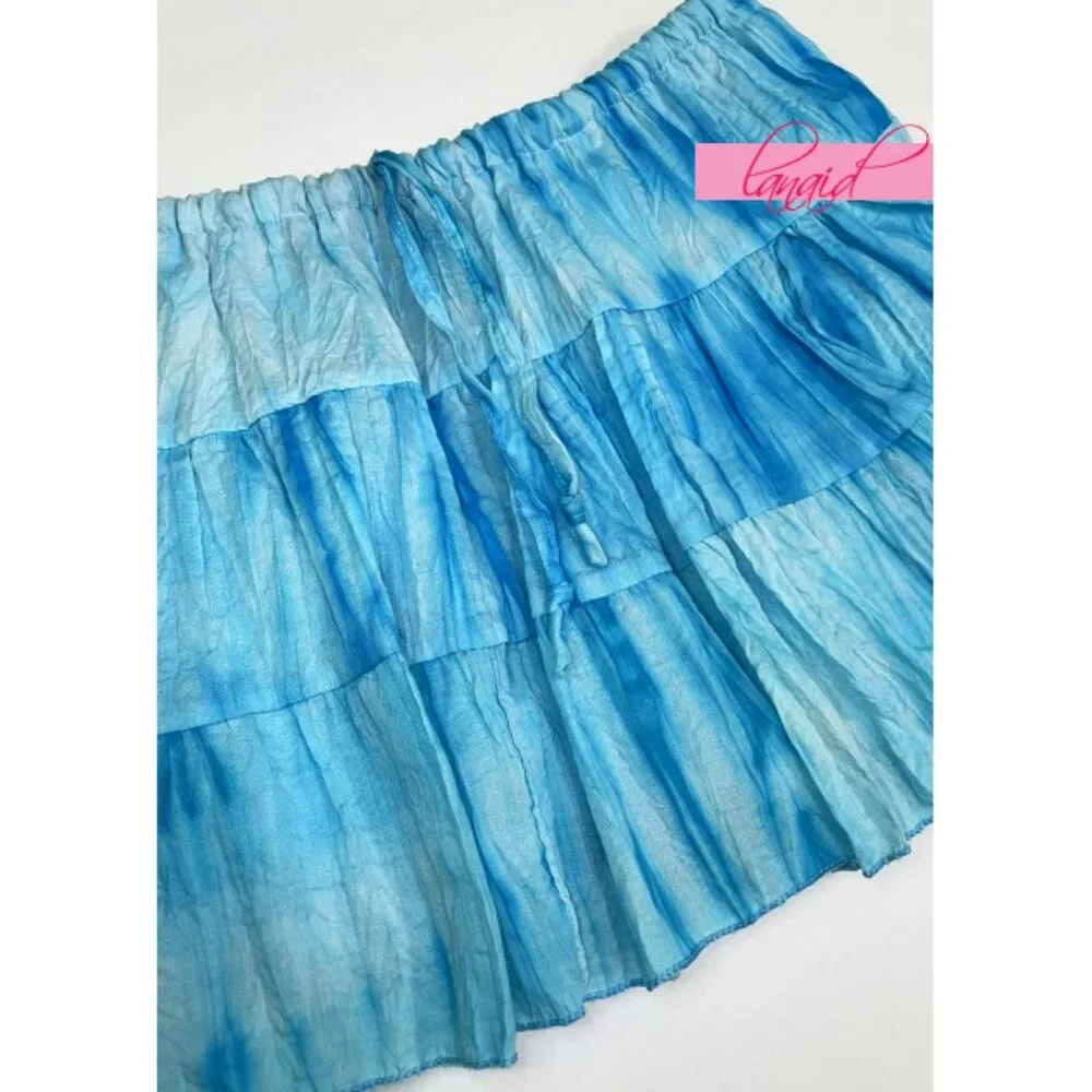 NEW Turquoise Aqua Tie-Dye A-Line Ruffle Skater Mini Short Summer Beach Skirt